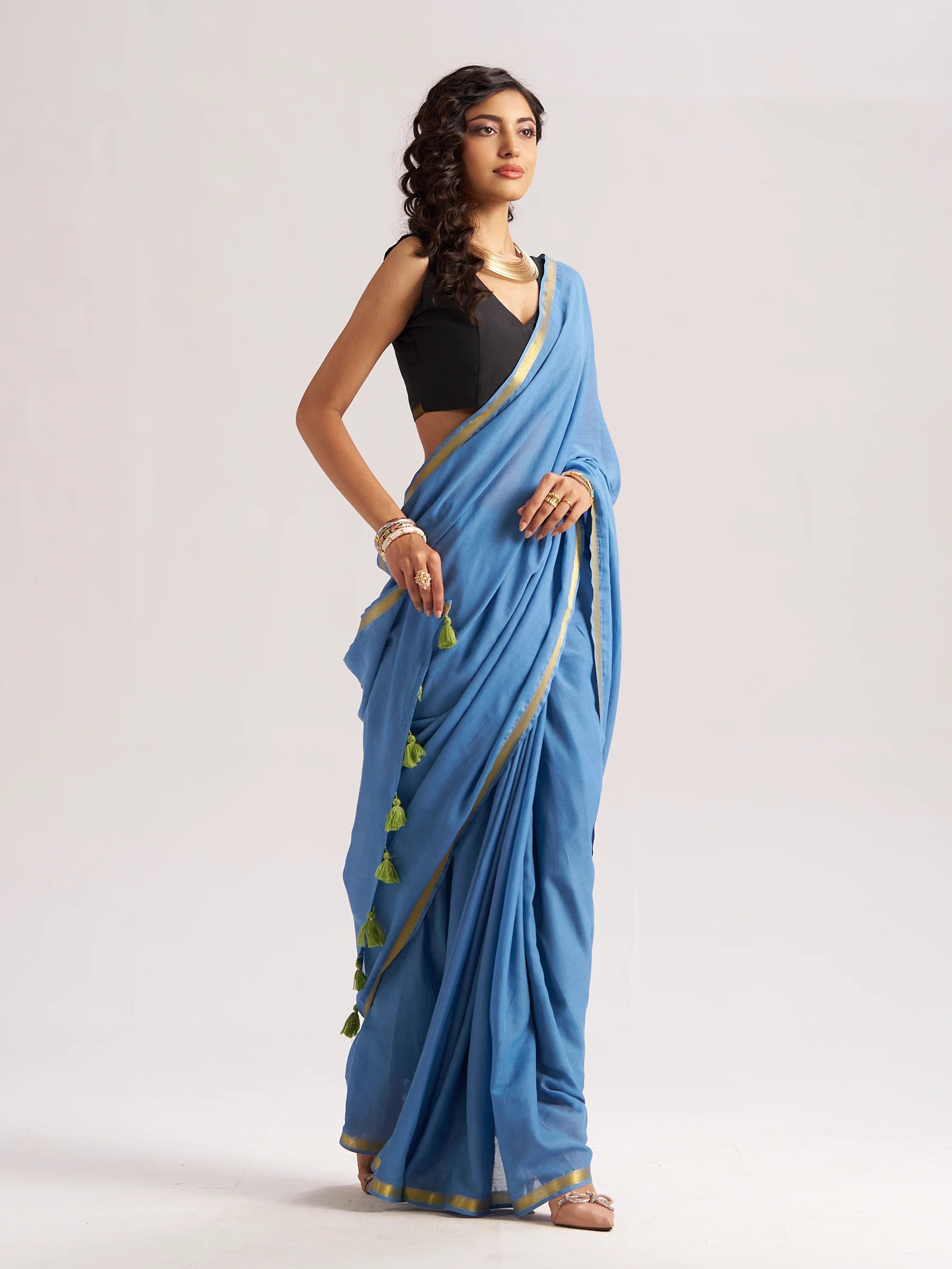 VISCOSE MUL LIVA SOLID SAREE WITH BLOUSE