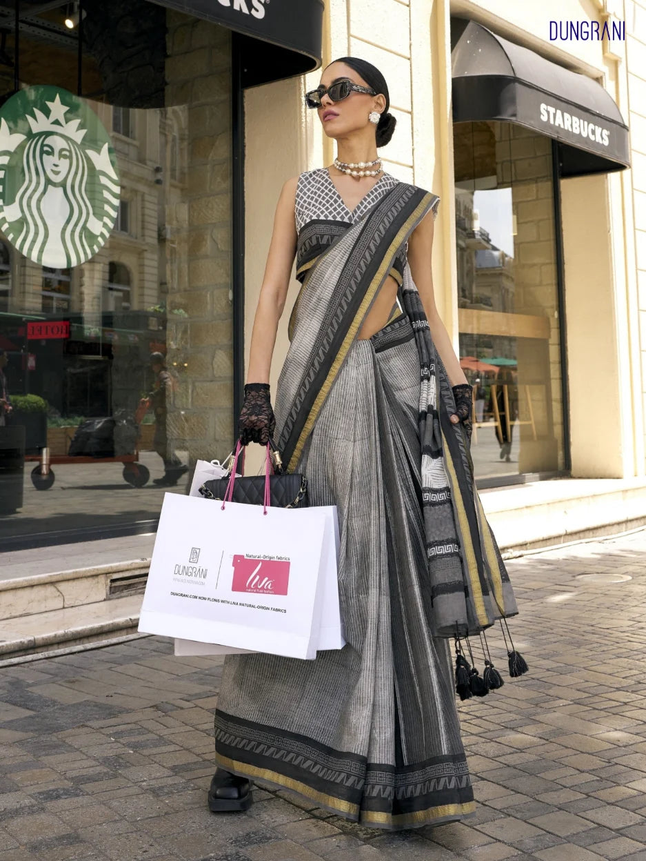 BLACK AND WHITE HAND BLOCK PRINTED LIVA SAREE WITH BLOUSE