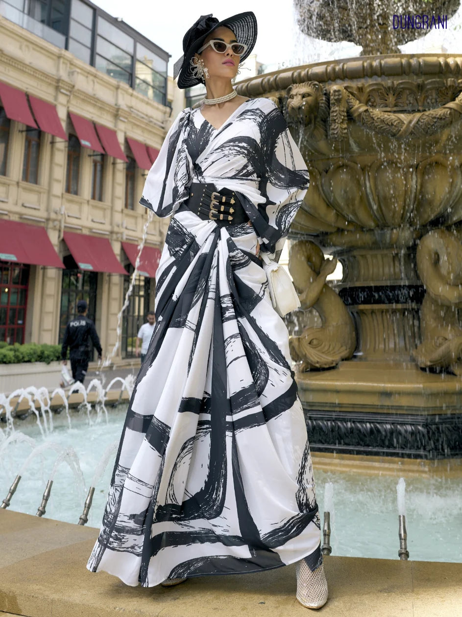 BLACK AND WHITE MONOCHROME DIGITAL PRINTED GEORGETTE SAREE