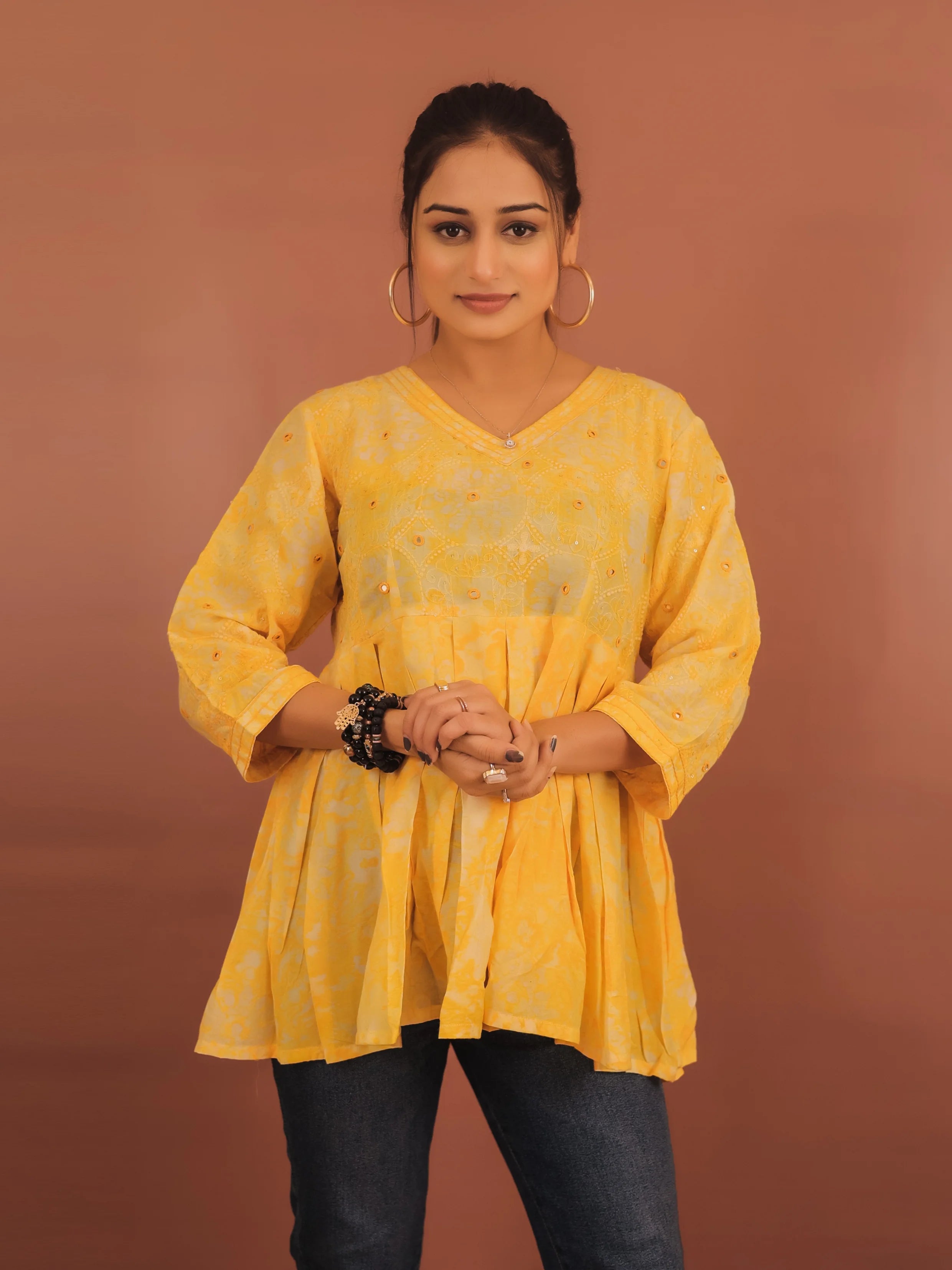 YELLOW VISCOSE HAND BATIK PRINTED TOP