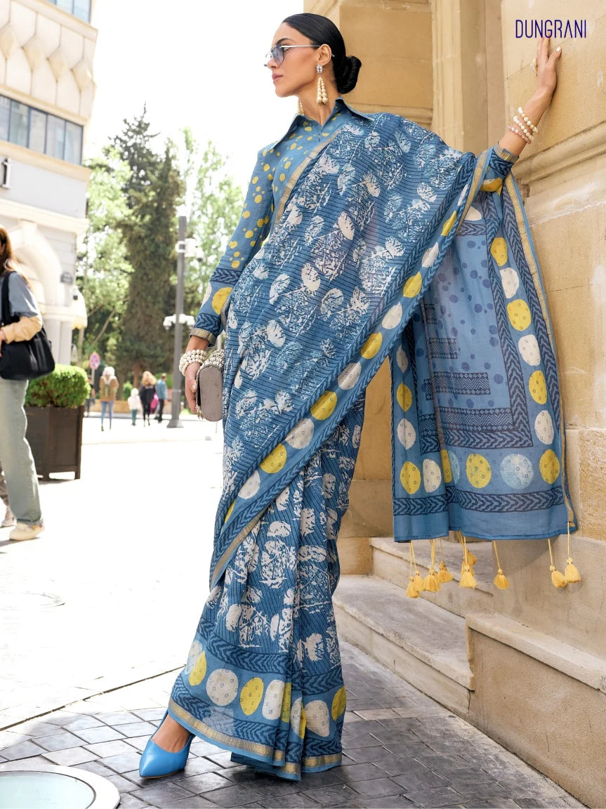 INDIGO HAND BLOCK PRINTED LIVA SAREE WITH BLOUSE