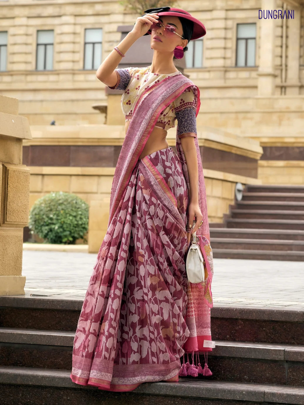 MAUVE HAND BLOCK PRINTED LIVA SAREE WITH BLOUSE