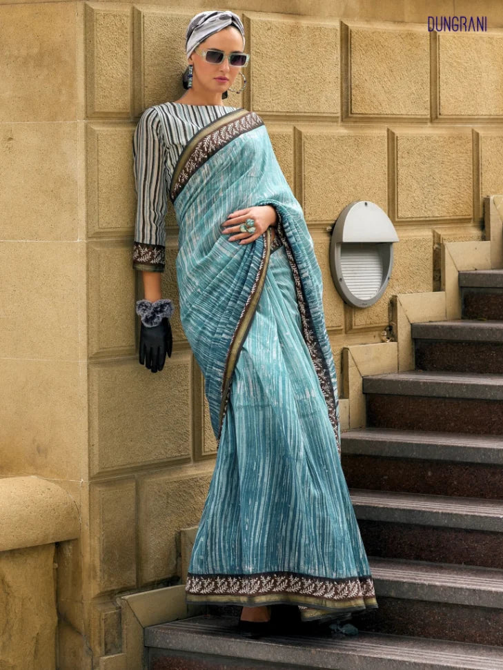 BLUE HAND BLOCK PRINTED LIVA SAREE WITH BLOUSE