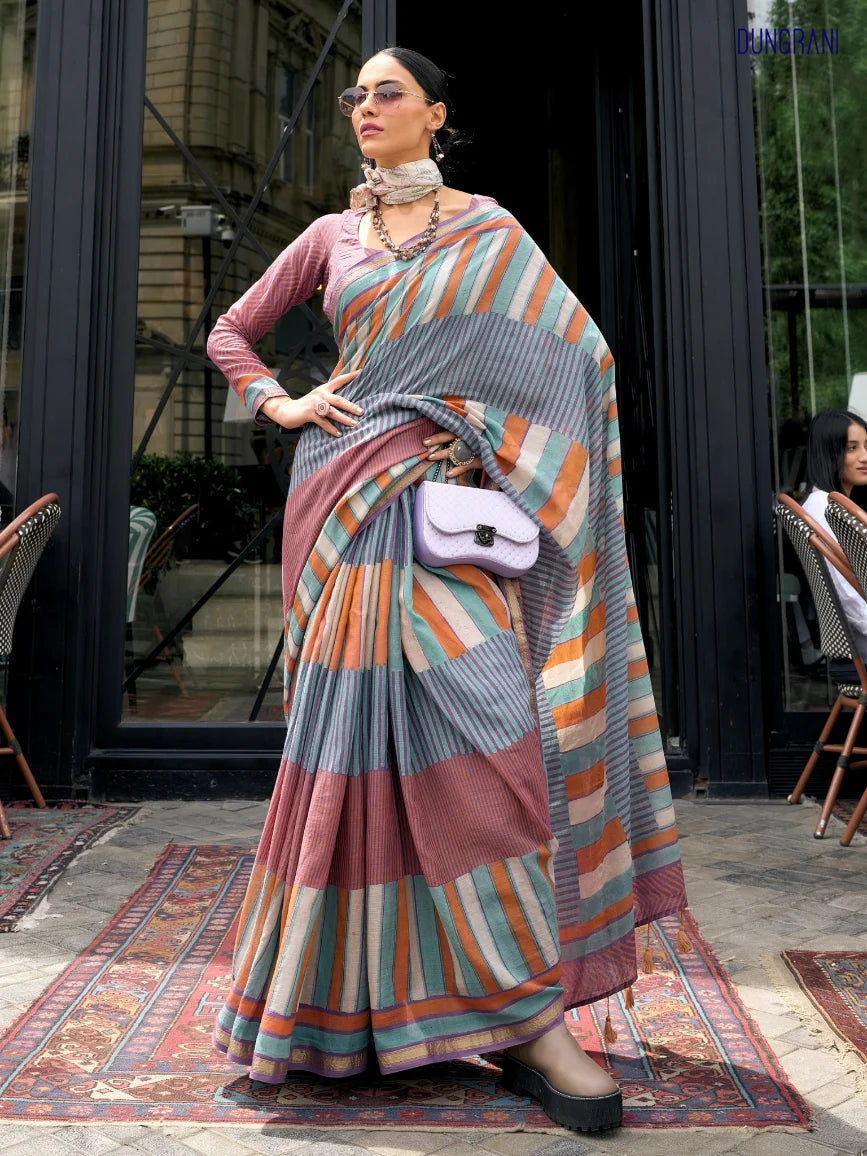 MULTI HAND BLOCK PRINTED LIVA SAREE WITH BLOUSE
