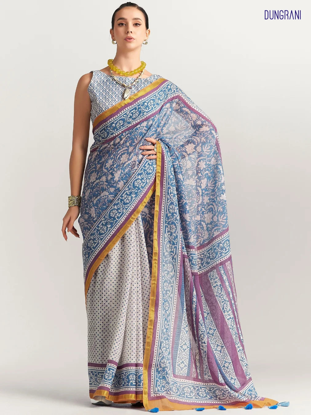 VISCOSE MUL HAND BLOCK PRINTED LIVA SAREE WITH BLOUSE