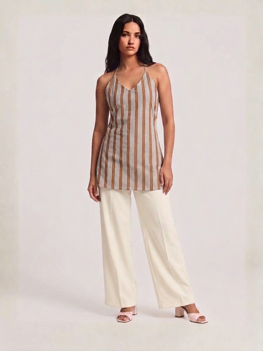 DUNGRANI HANDCRAFTED COFFEE COTTON SRTIPED PRINT DRESS