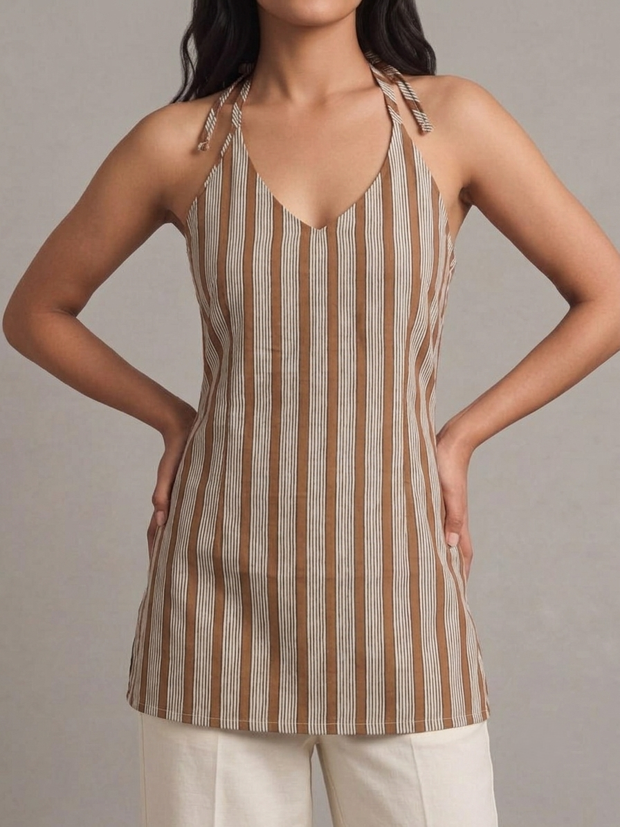 DUNGRANI HANDCRAFTED COFFEE COTTON SRTIPED PRINT DRESS