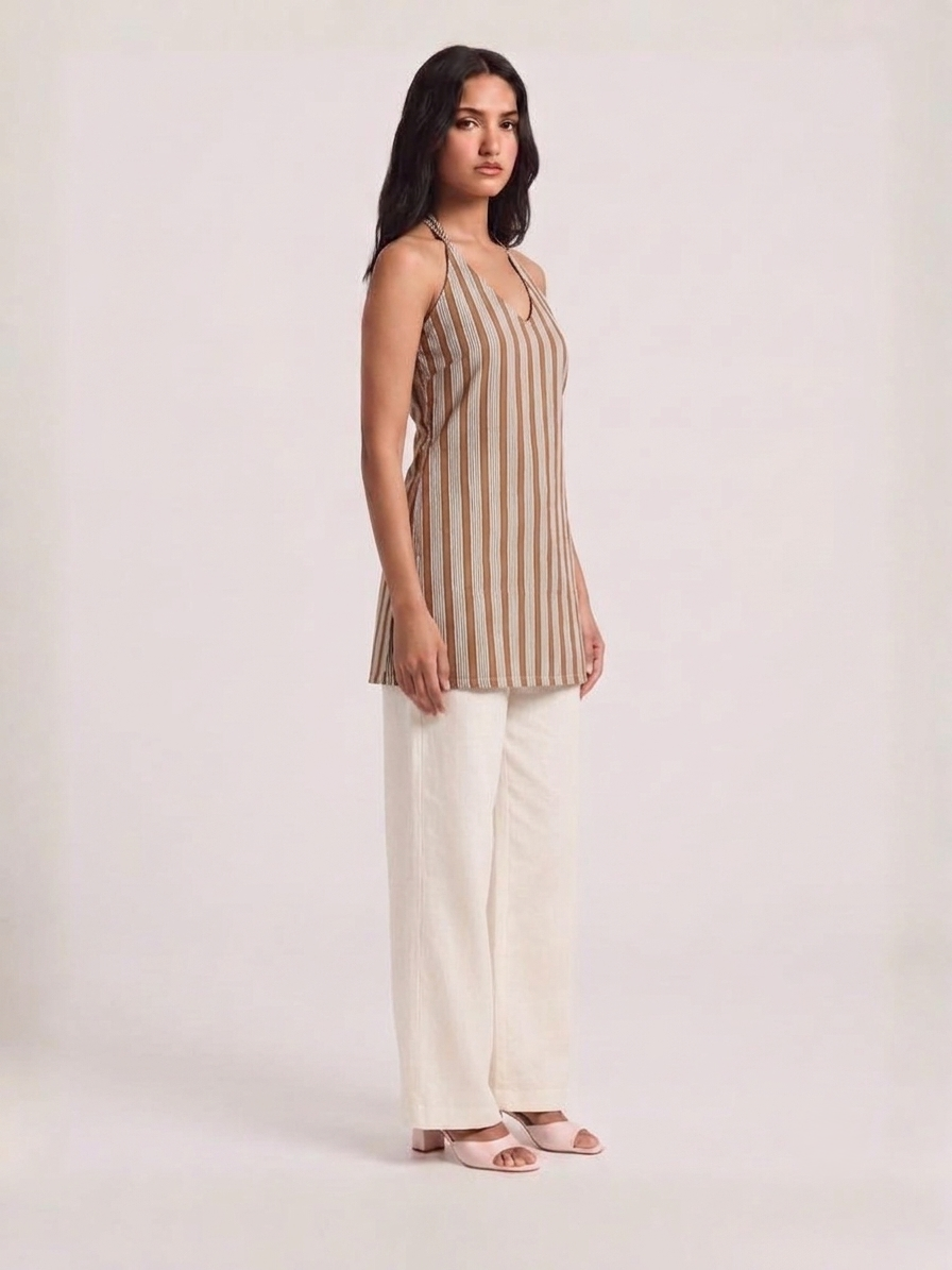 DUNGRANI HANDCRAFTED COFFEE COTTON SRTIPED PRINT DRESS