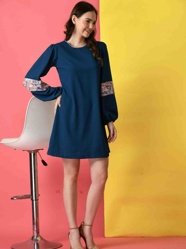 TEAL BLUE A-LINE DRESS WITH BISHOP SLEEVE
