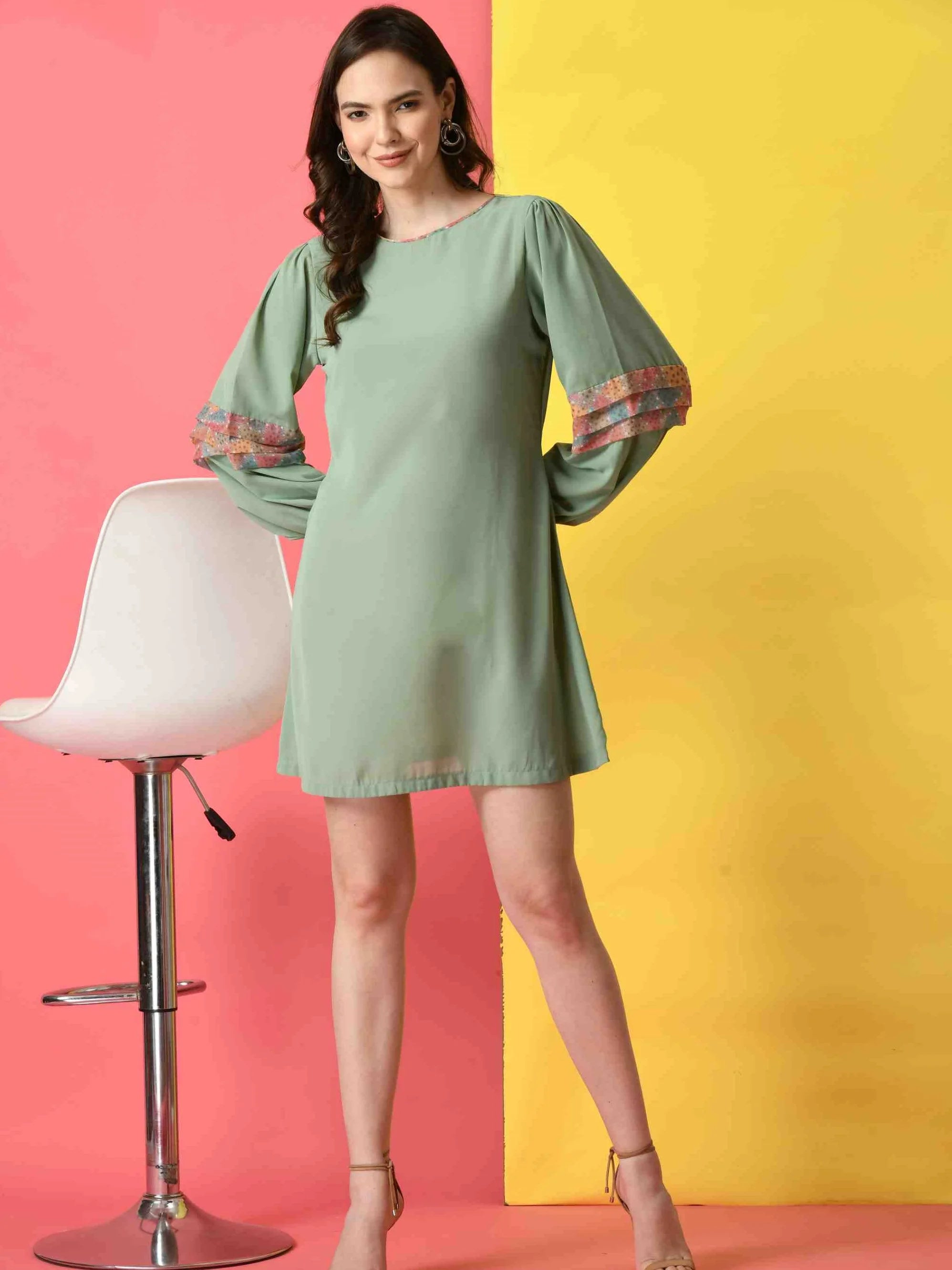 MINT GREEN POLYESTER A-LINE DRESS WITH BISHOP SLEEVE