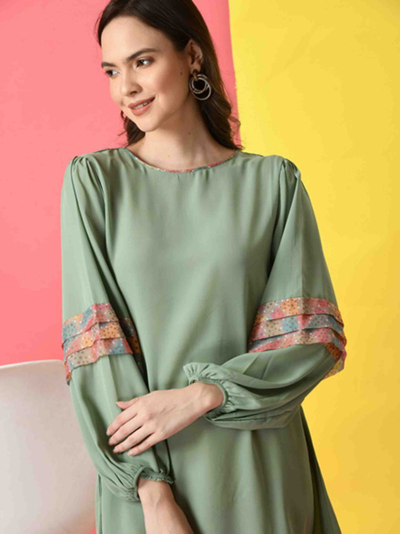 MINT GREEN A-LINE DRESS WITH BISHOP SLEEVE