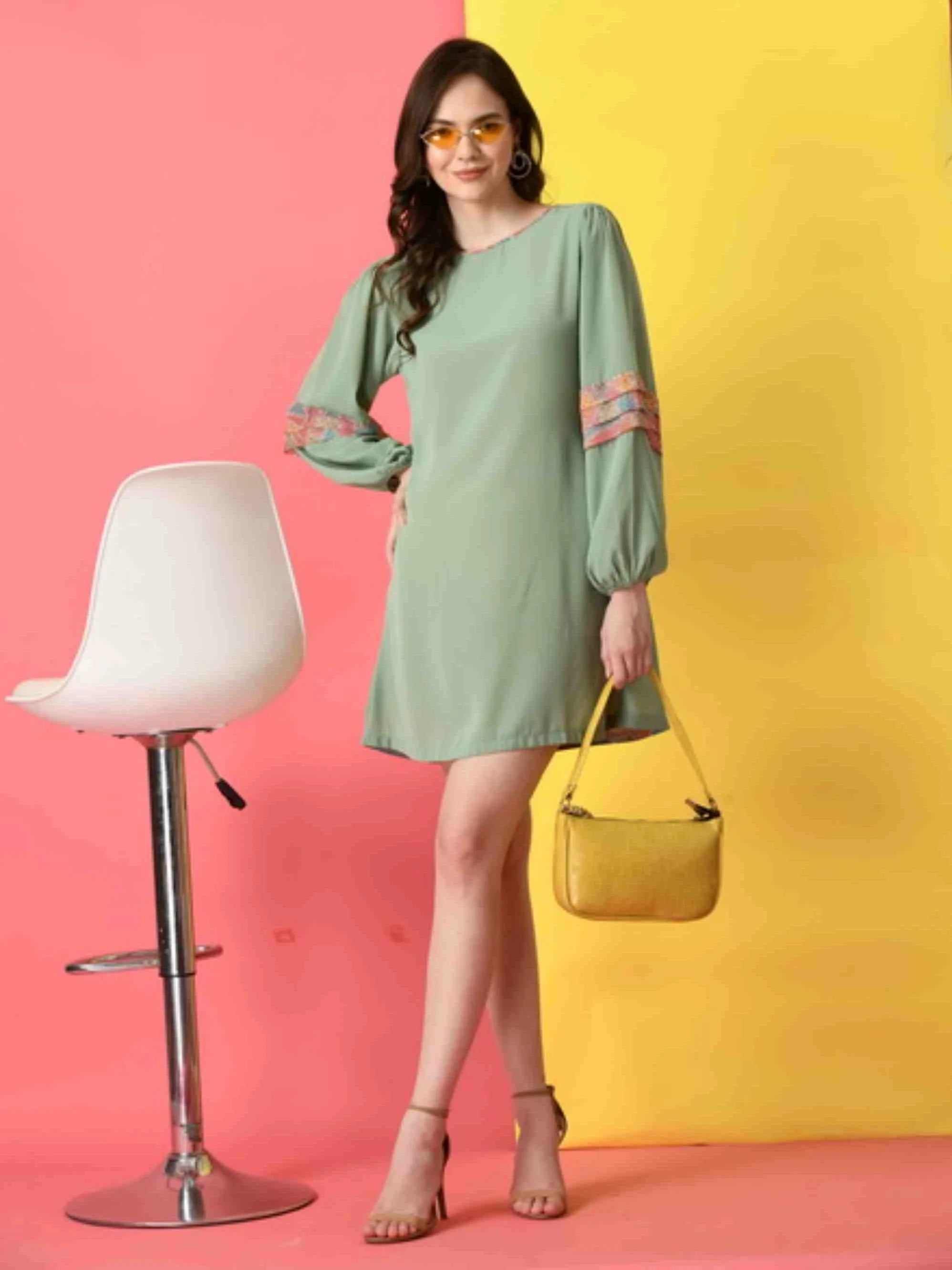 MINT GREEN POLYESTER A-LINE DRESS WITH BISHOP SLEEVE