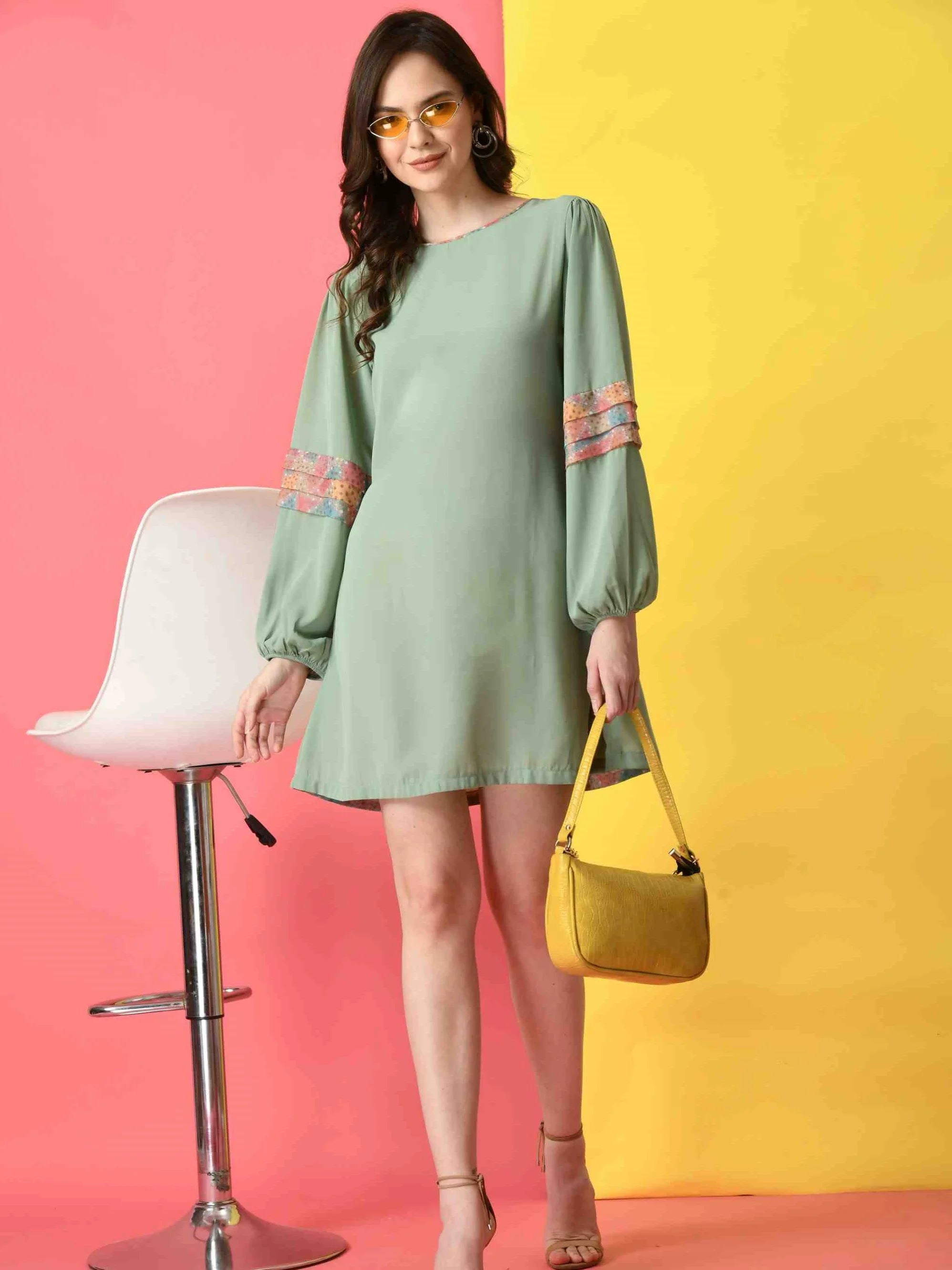 MINT GREEN POLYESTER A-LINE DRESS WITH BISHOP SLEEVE