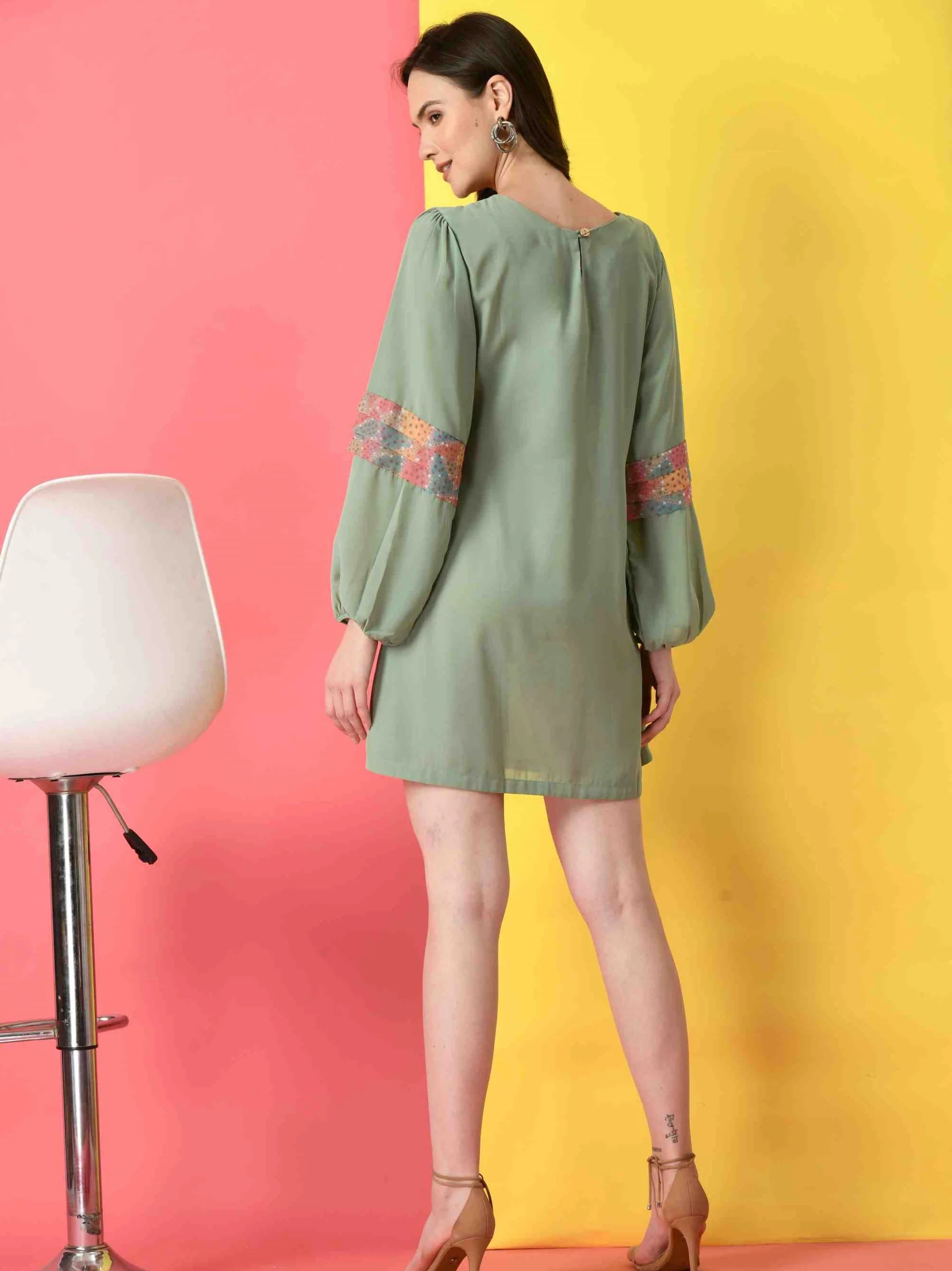 MINT GREEN POLYESTER A-LINE DRESS WITH BISHOP SLEEVE