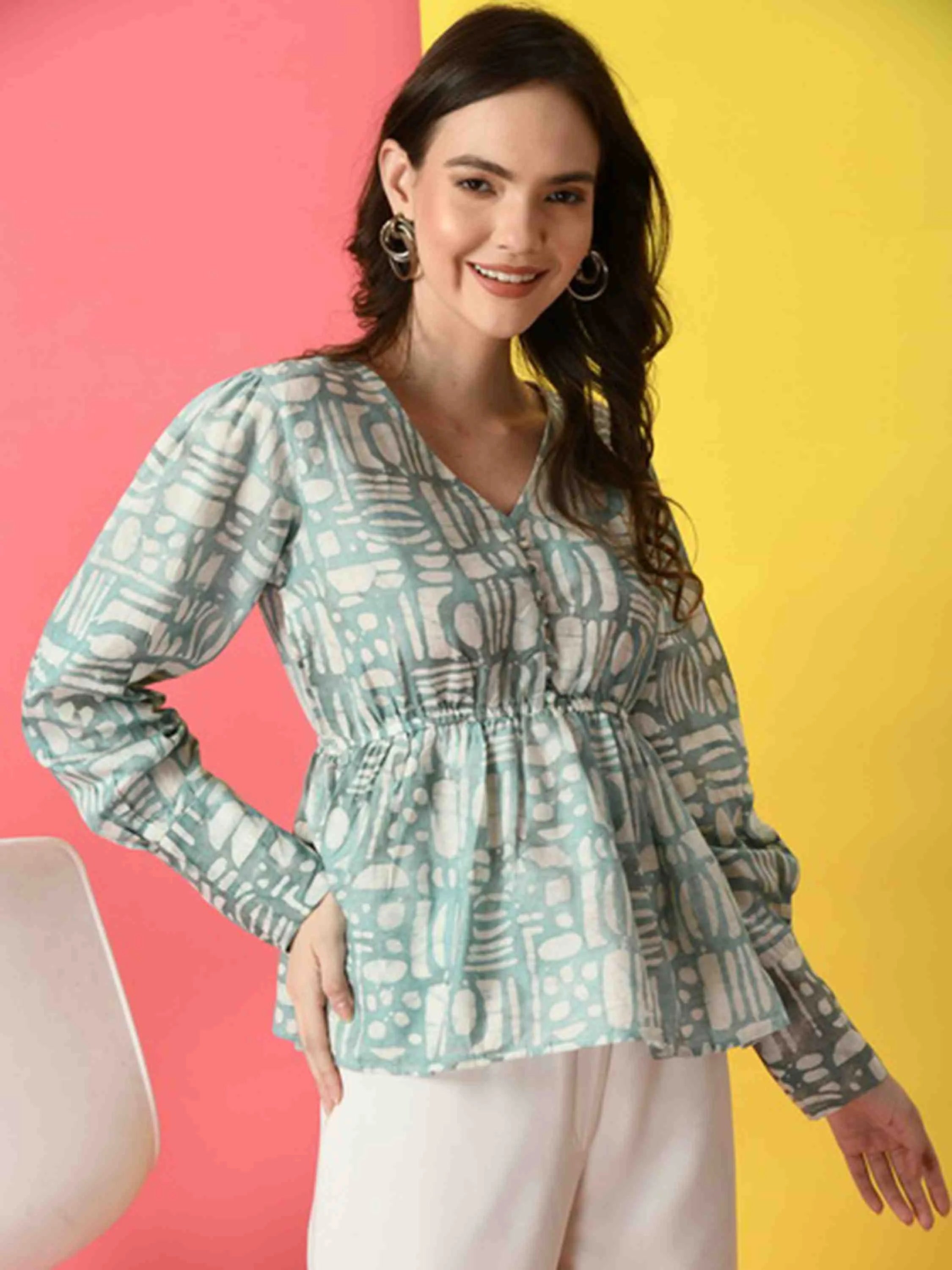 TURQUOISE LIVO LINEN HAND BATIK PRINTED TOP