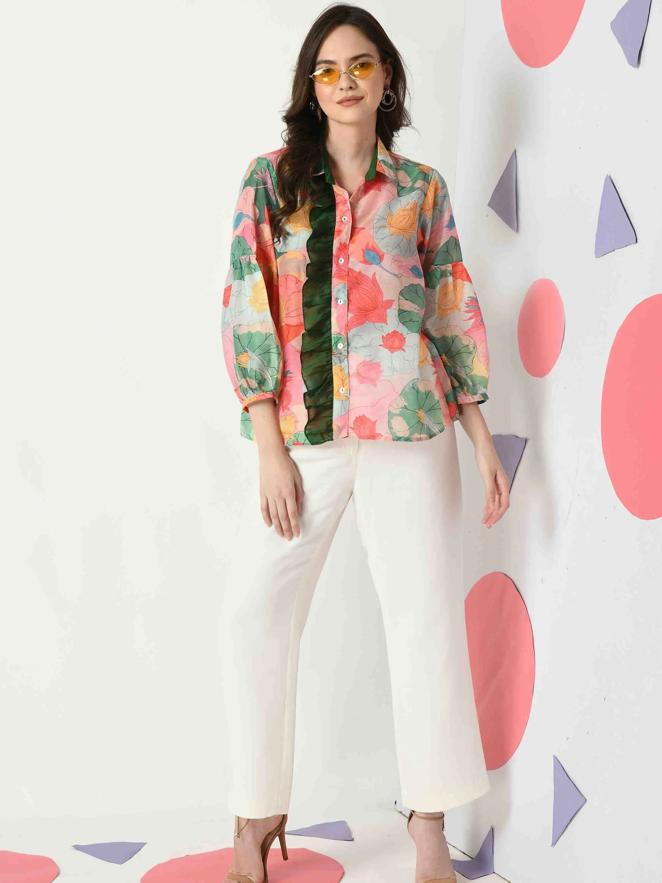 MULTI COLOR POLY MUSLIN TROPICAL PRINTED SHIRT