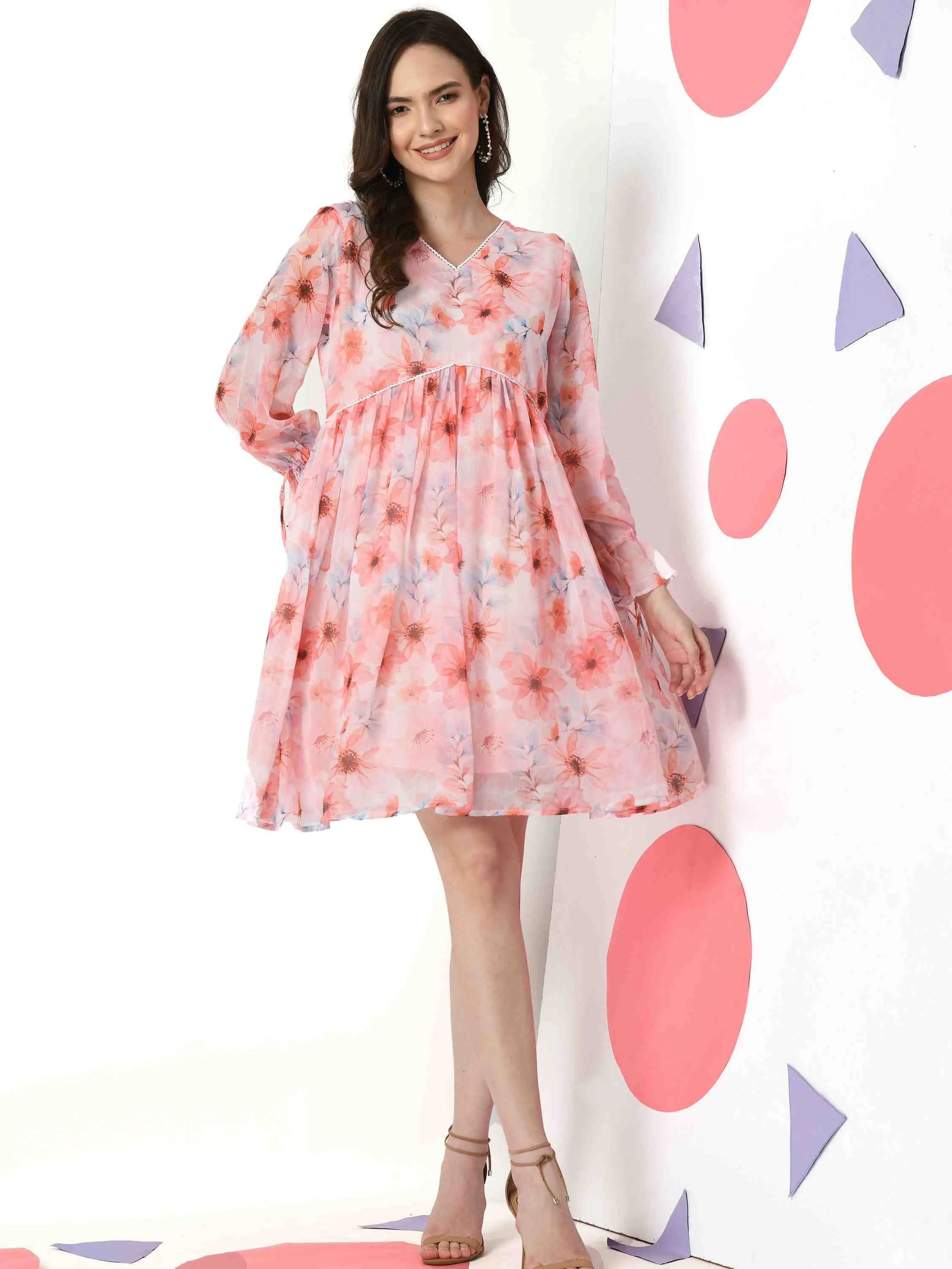 PINK CHIFFON FLORAL PRINTED FLARED DRESS