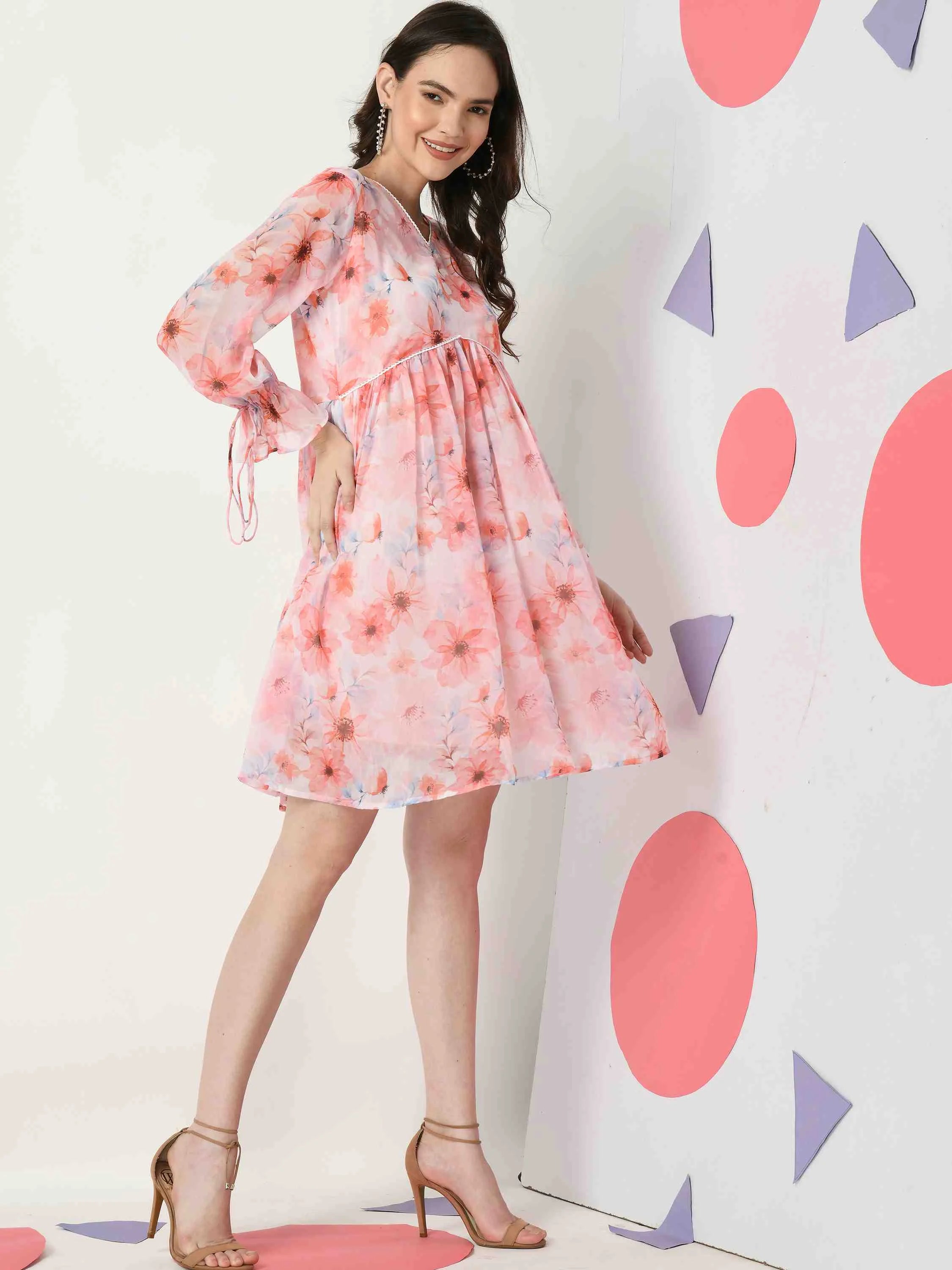 PINK CHIFFON FLORAL PRINTED FLARED DRESS