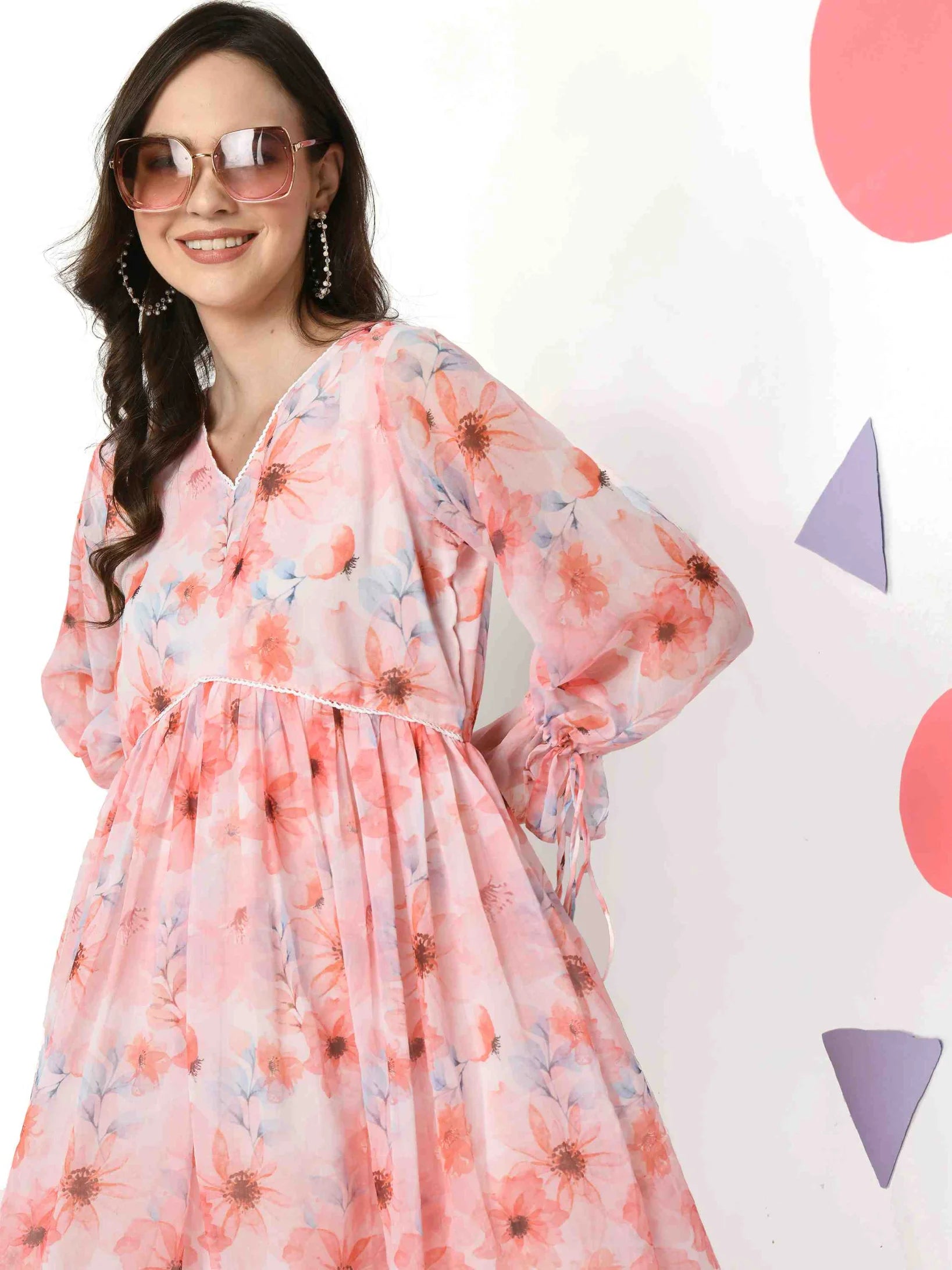 PINK CHIFFON FLORAL PRINTED FLARED DRESS