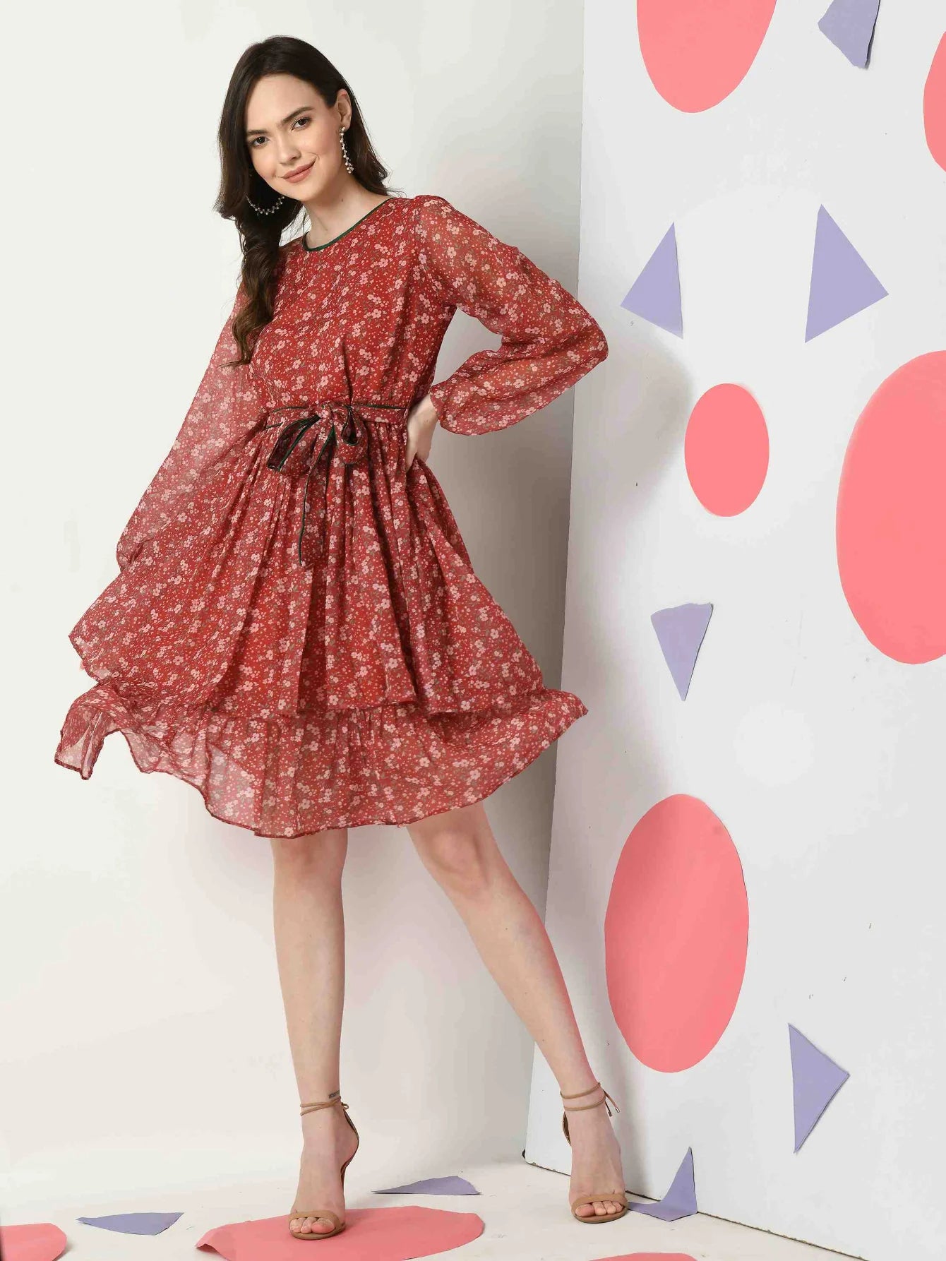 MAROON CHIFFON FLORAL PRINTED LAYERED DRESS WITH BELT