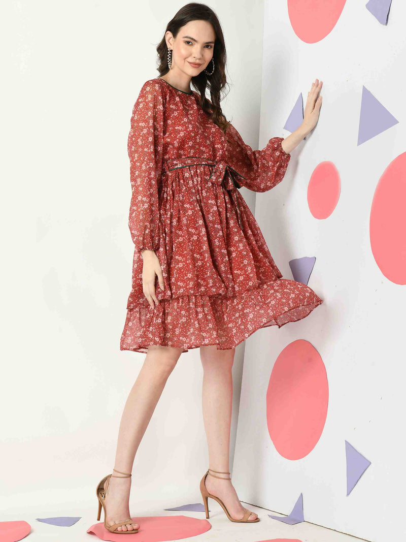MAROON FLORAL PRINTED LAYERED DRESS WITH BELT