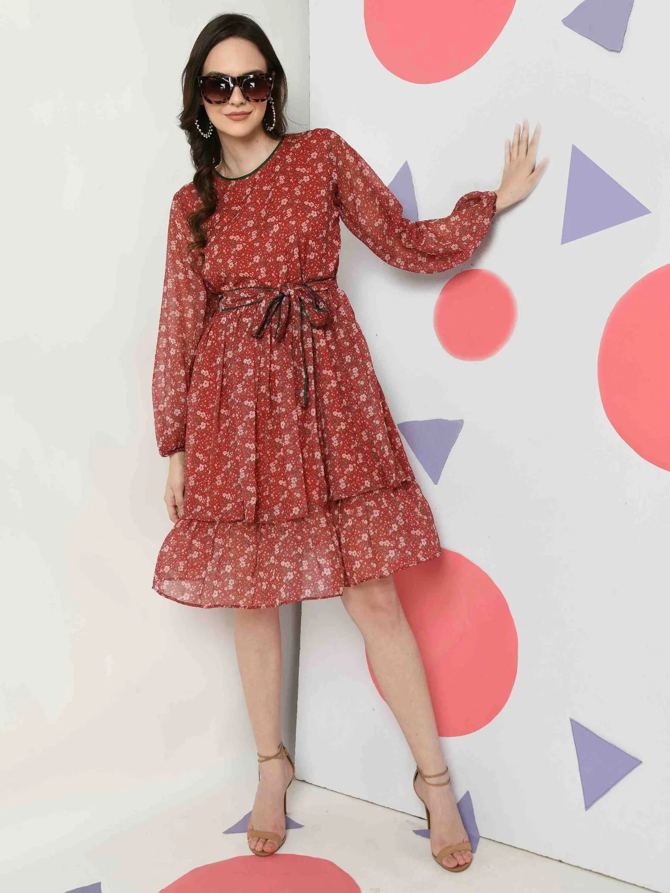 MAROON CHIFFON FLORAL PRINTED LAYERED DRESS WITH BELT