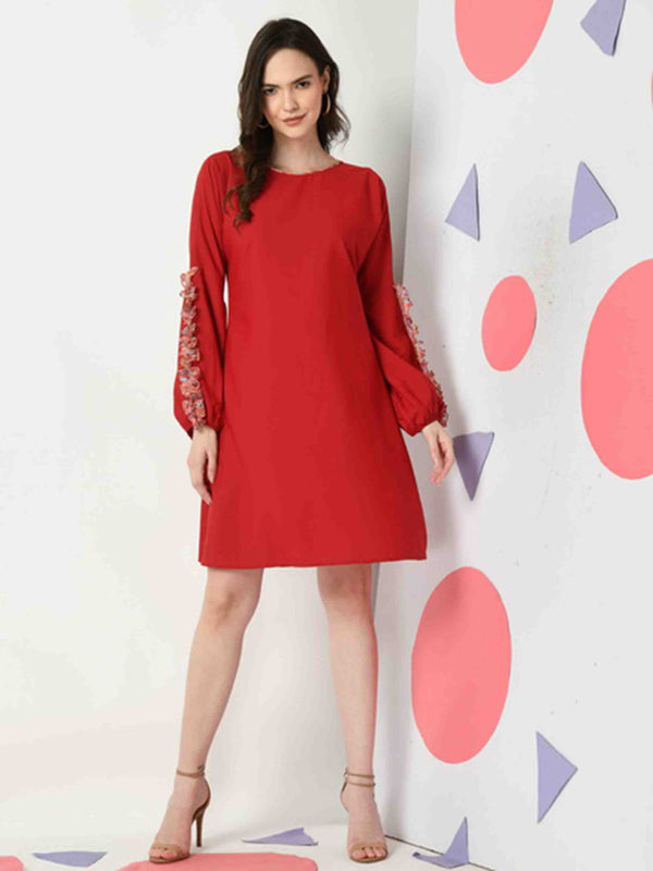MAROON SOLID A-LINE DRESS WITH RUFFLE SLEEVE