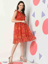 RED CONTEMPORARY PRINTED RUFFLE DRESS