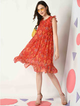 RED CONTEMPORARY PRINTED RUFFLE DRESS