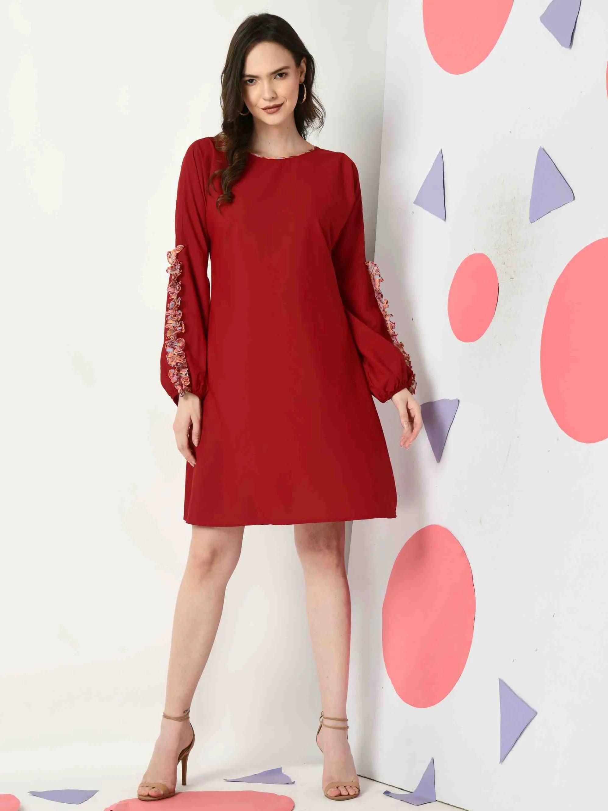 MAROON POLYESTER SOLID A-LINE DRESS WITH RUFFLE SLEEVE