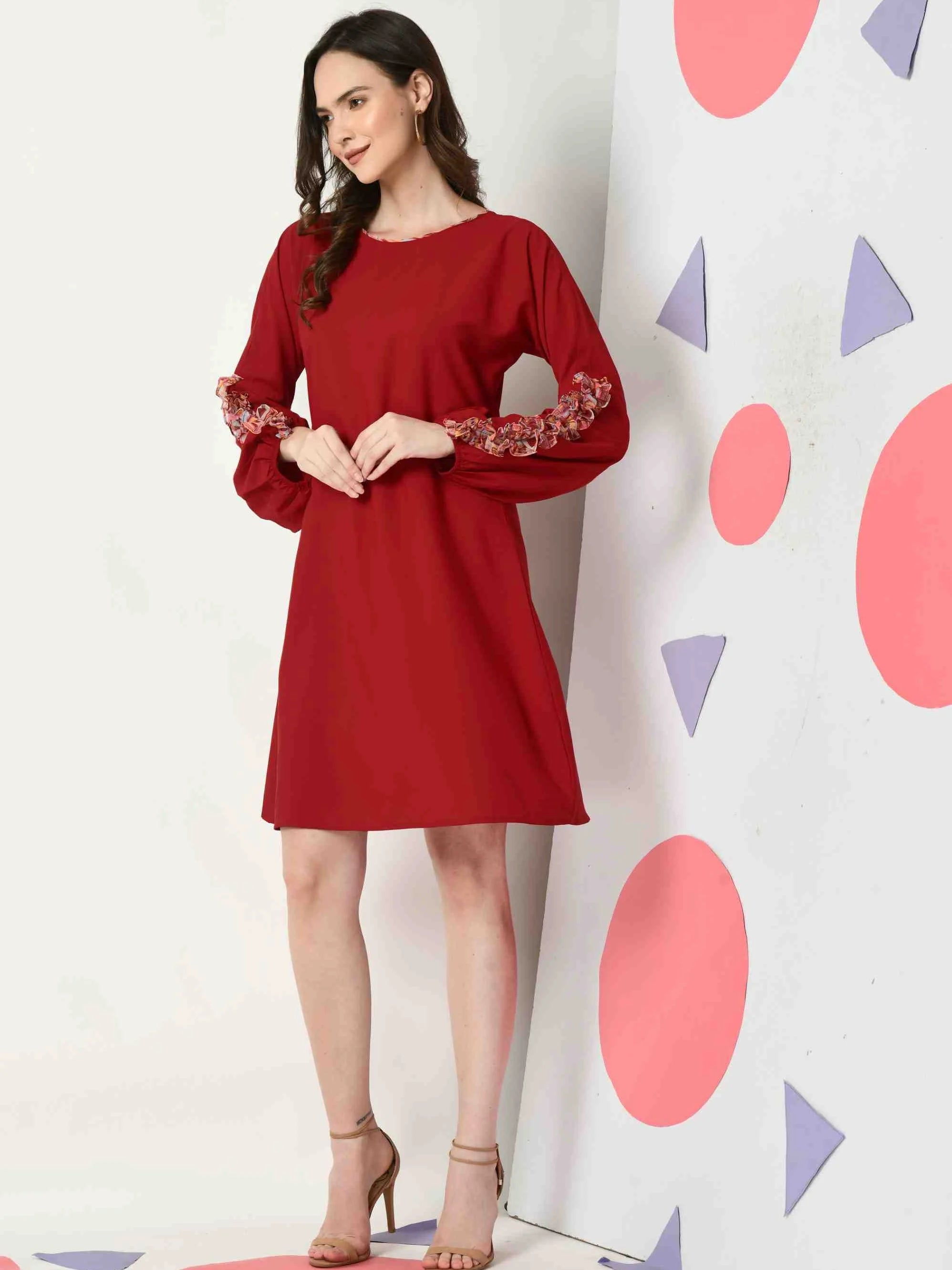 MAROON POLYESTER SOLID A-LINE DRESS WITH RUFFLE SLEEVE