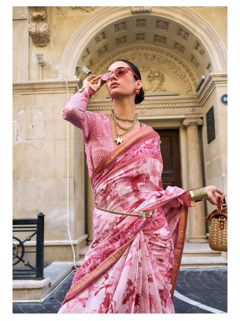 PINK HAND BLOCK PRINTED LIVA SAREE WITH BLOUSE