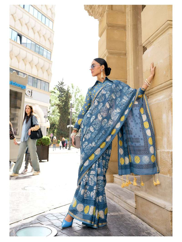 INDIGO HAND BLOCK PRINTED LIVA SAREE WITH BLOUSE