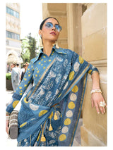 INDIGO HAND BLOCK PRINTED LIVA SAREE WITH BLOUSE