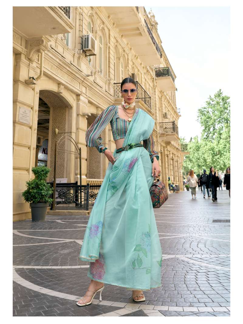 TURQUOISE ORGANZA SOFTY DIGITAL FOIL SAREE