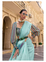 TURQUOISE ORGANZA SOFTY DIGITAL FOIL SAREE