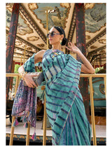 TURQUOISE HAND DYED BATIK PRINTED SAREE ADORNED WITH GOTA LACE