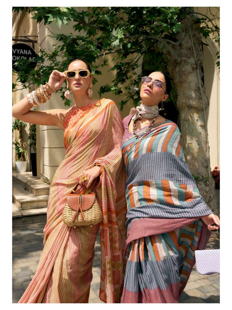 ORANGE HAND BLOCK PRINTED LIVA SAREE WITH BLOUSE