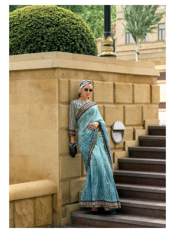 BLUE HAND BLOCK PRINTED LIVA SAREE WITH BLOUSE