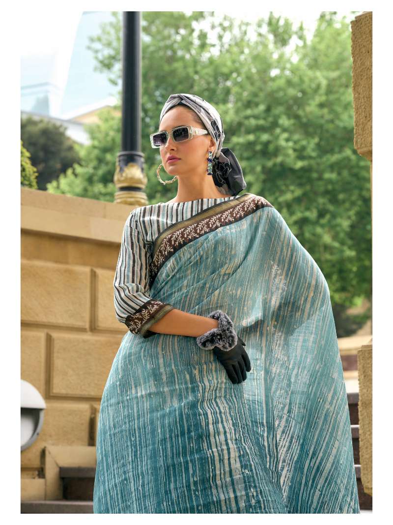 BLUE HAND BLOCK PRINTED LIVA SAREE WITH BLOUSE