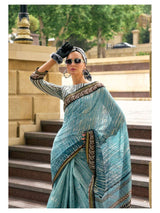 BLUE HAND BLOCK PRINTED LIVA SAREE WITH BLOUSE