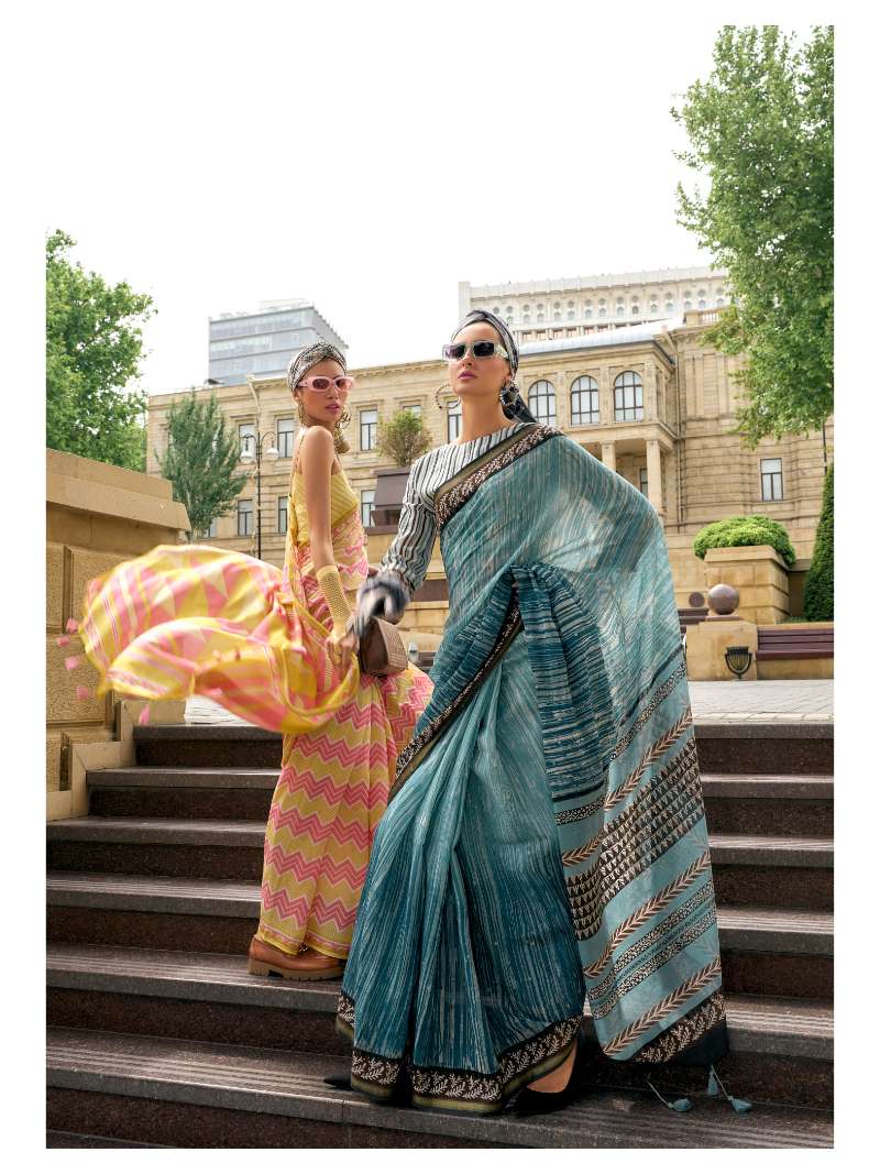 BLUE HAND BLOCK PRINTED LIVA SAREE WITH BLOUSE