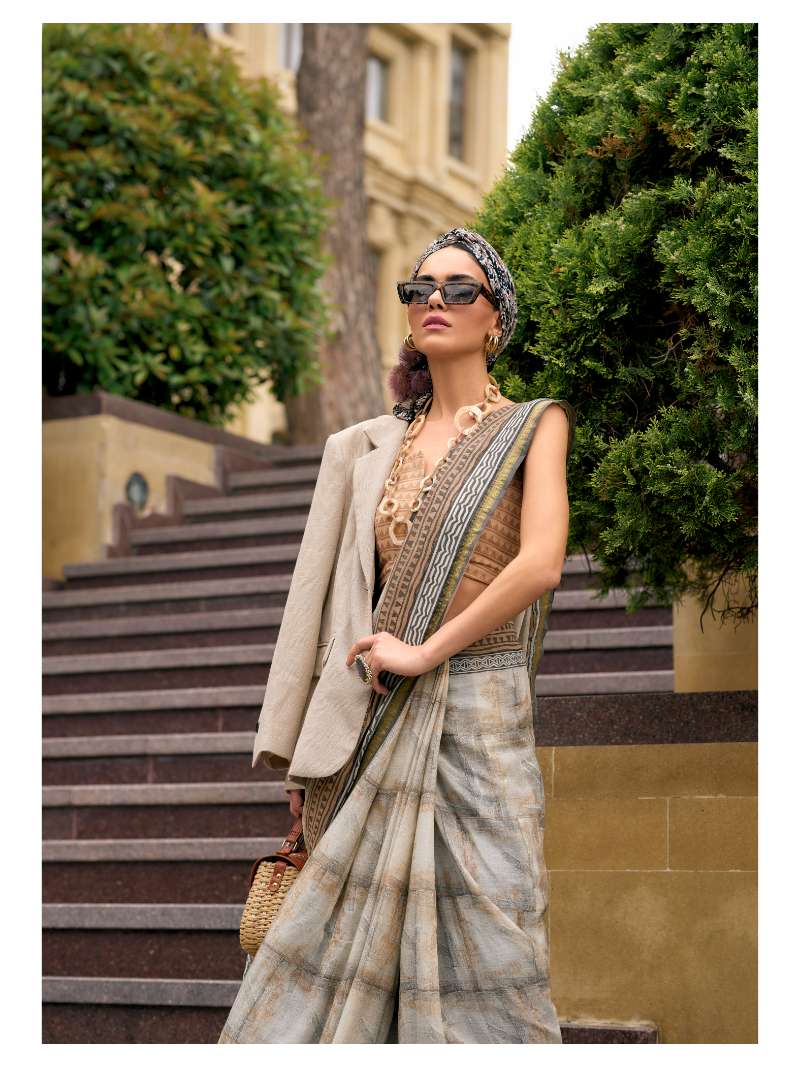 GRAY HAND BLOCK PRINTED LIVA SAREE WITH BLOUSE