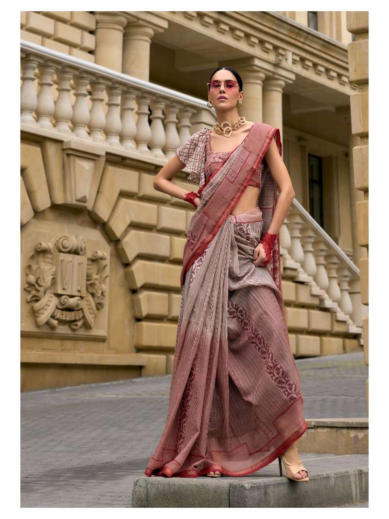 MAROON HAND BLOCK PRINTED LIVA SAREE WITH BLOUSE