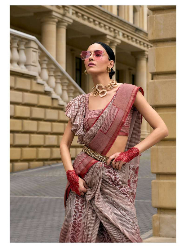 MAROON HAND BLOCK PRINTED LIVA SAREE WITH BLOUSE