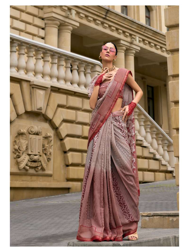 MAROON HAND BLOCK PRINTED LIVA SAREE WITH BLOUSE