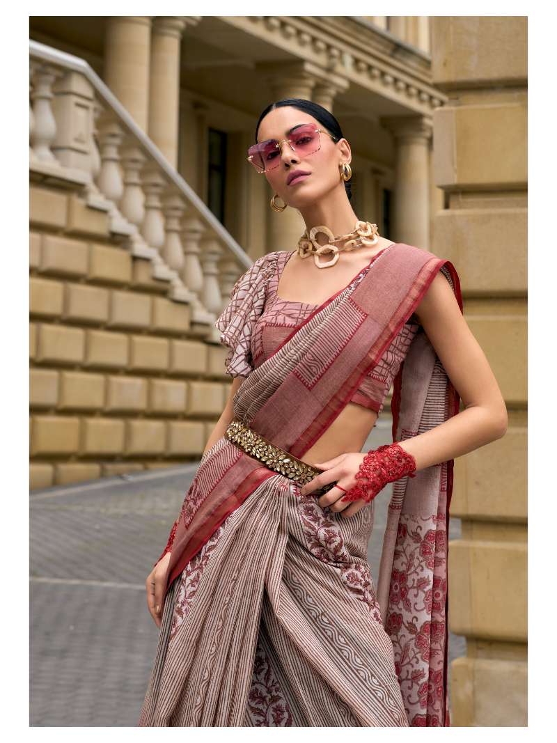 MAROON HAND BLOCK PRINTED LIVA SAREE WITH BLOUSE