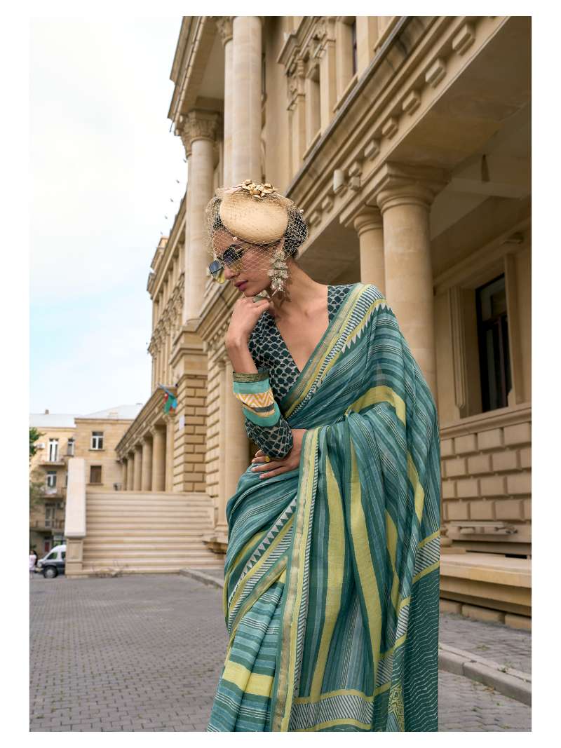 TURQUOISE HAND BLOCK PRINTED LIVA SAREE WITH BLOUSE