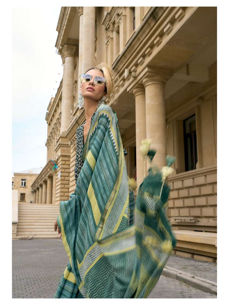 TURQUOISE HAND BLOCK PRINTED LIVA SAREE WITH BLOUSE