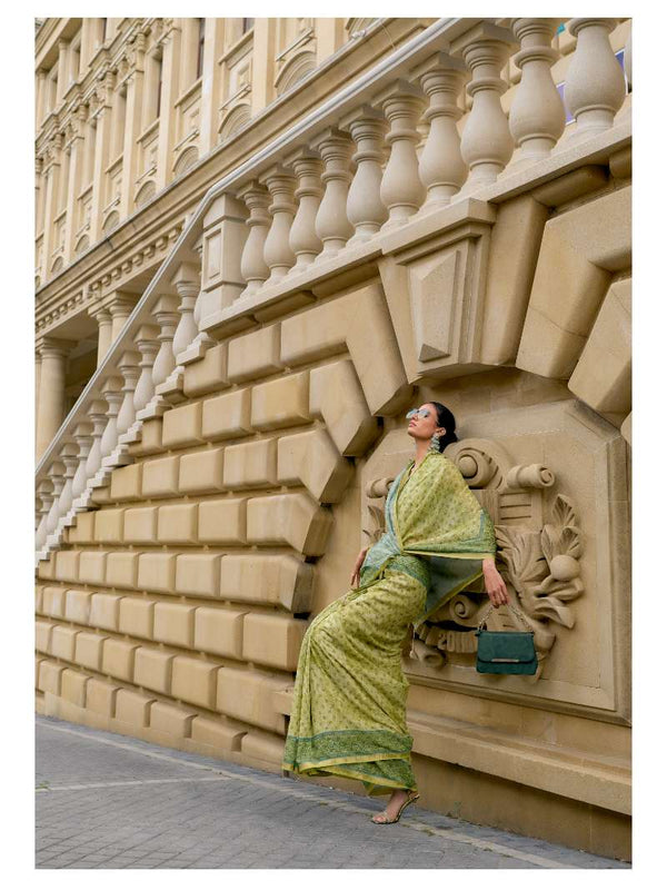 GREEN HAND BLOCK PRINTED LIVA SAREE WITH BLOUSE